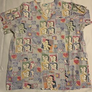 Women’s Care Bear Print V-Neck Scrub Top - Pastel Multicolor